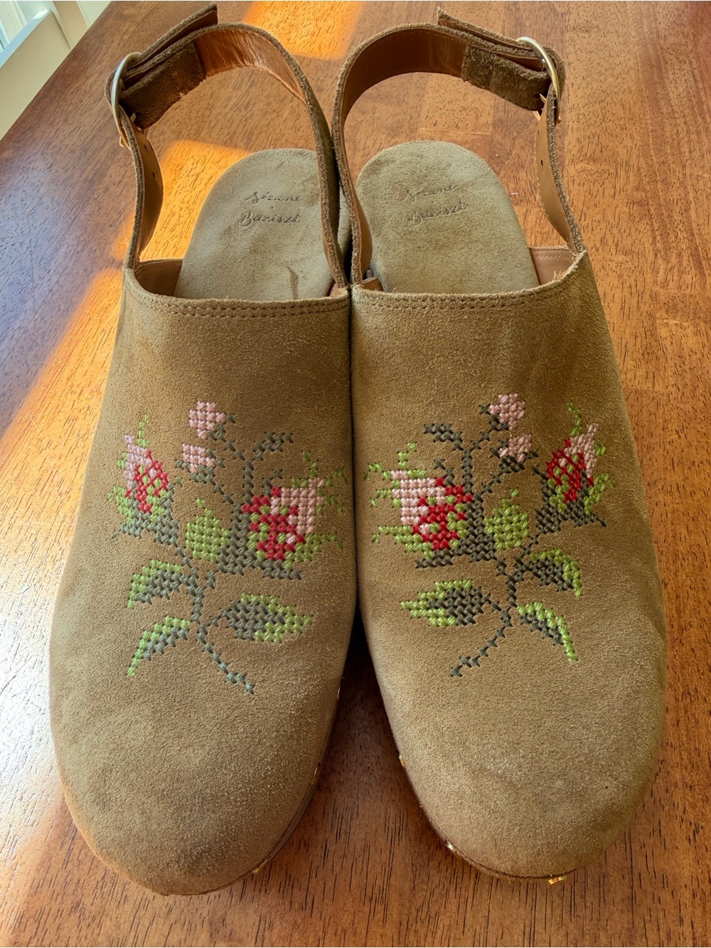 Sezane Brown Suede Embroidered Floral Slingback Clogs size 10